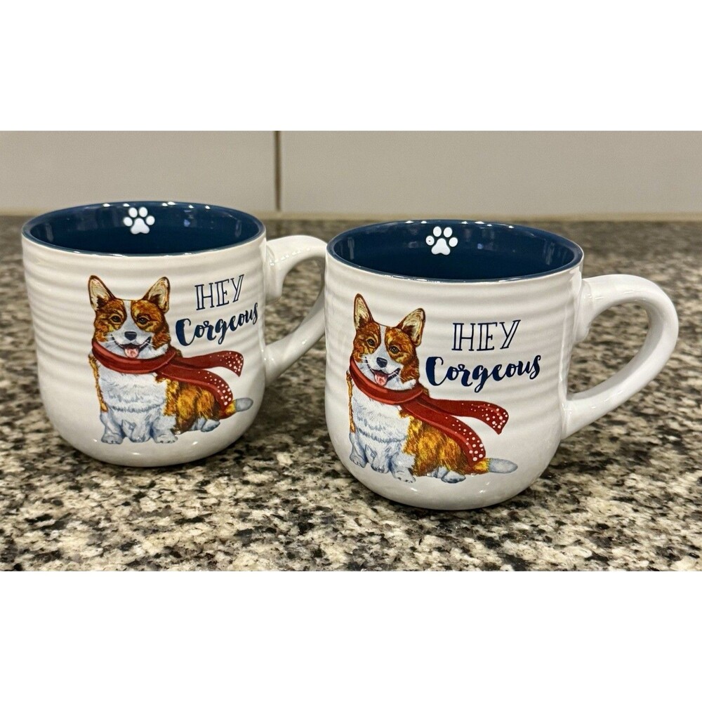 2 Hey Corgeous - Corgi Double Sided Coffee Mugs Tea Cups Belle Maison Stoneware